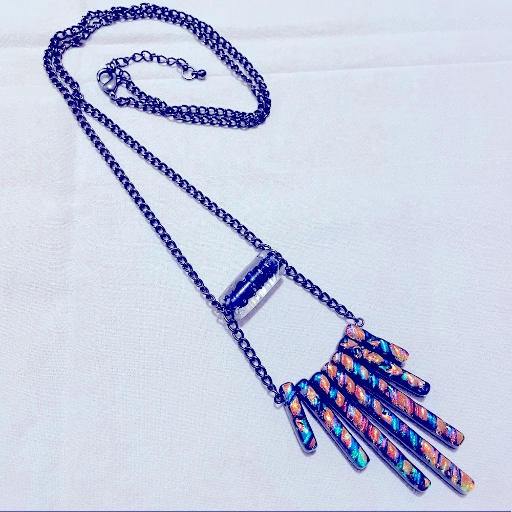 Long blue fired glass necklace